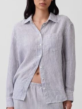 GAP 100% Linen Women’s Oversized Button Down Shirt Blue White Stripe XSmall